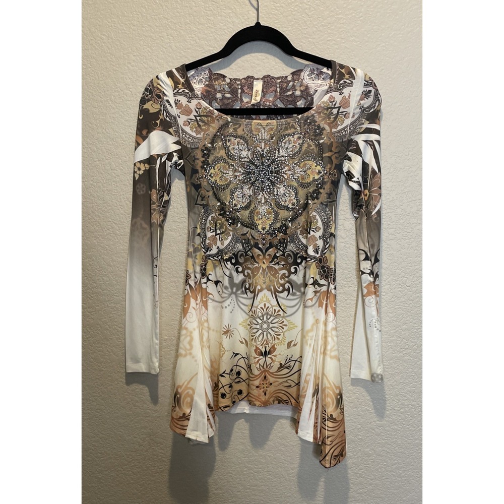 Love J Womens XS Tunic Top Brown Boho Rhinestone Lace Back Sharkbite Hem Artsy